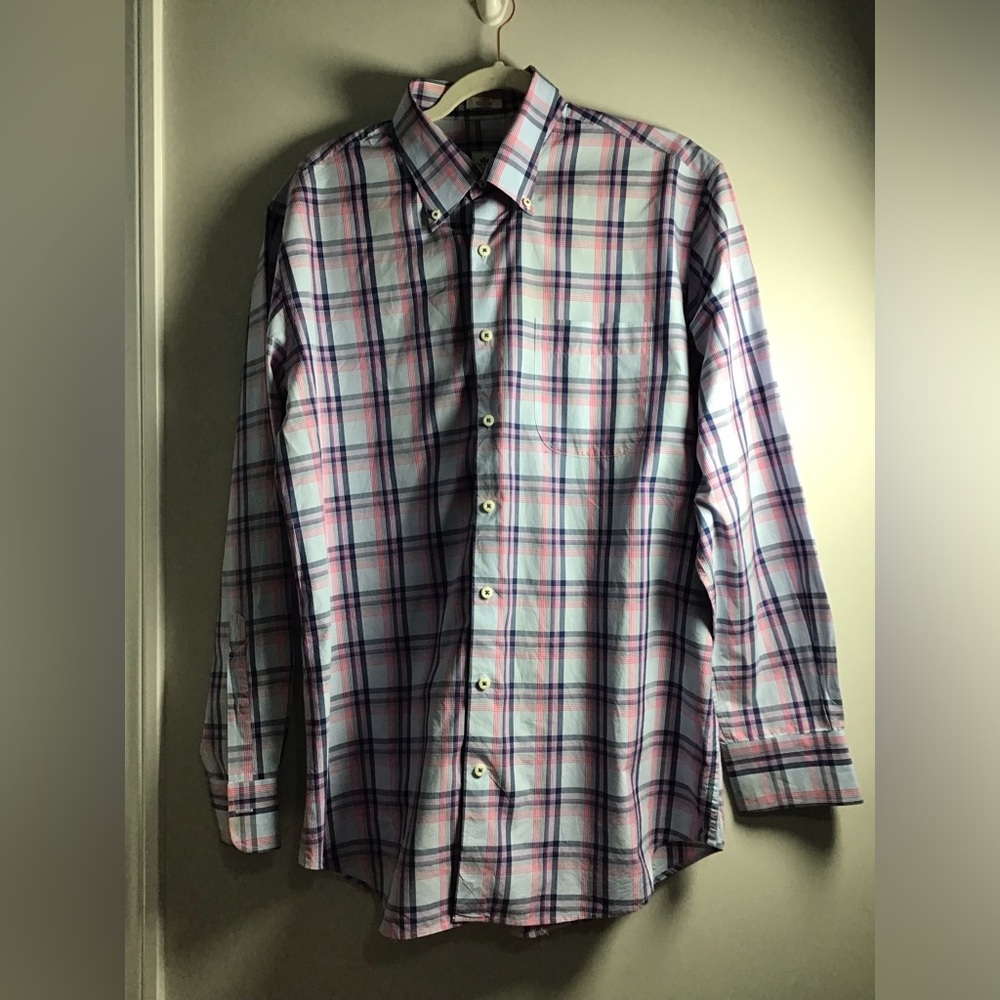 Peter Millar Light Blue Plaid Button-Down Shirt with Pink and Navy Checks
Sz L